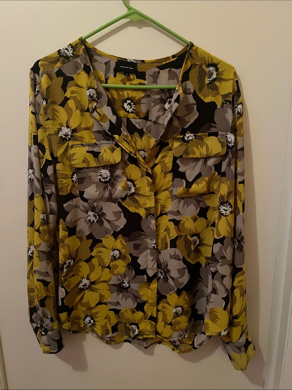 Who What Wear Yellow and Gray Floral Blouse